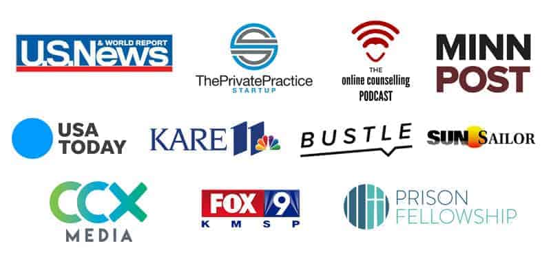 Synergy e Therapy Online Counseling Featured in Media Logos including: US News and World Report, The Private Practice Startup, The online counseling podcast, Minn Post, USA Today, KARE 11, Bustle, Sun Sailor, CCX Media, Fox 9 KMSP, Prison Fellowship